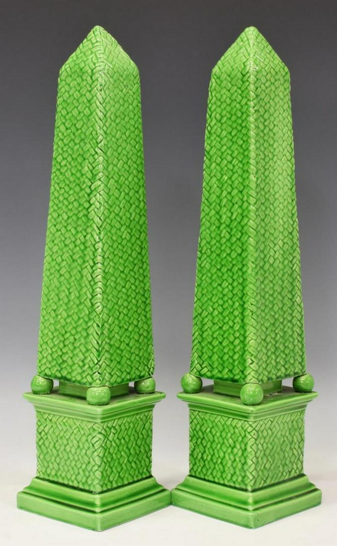 (2) VINTAGE ITALIAN GREEN GLAZED CERAMIC OBELISKS: (pair) Vintage Italian green glazed ceramic obelisks, Bassano, having woven design throughout, rising on ball feet, on square base, (one) marked Bassano to interior, approx 17.25"h, 4"w, 4.25"d; 4.5lb