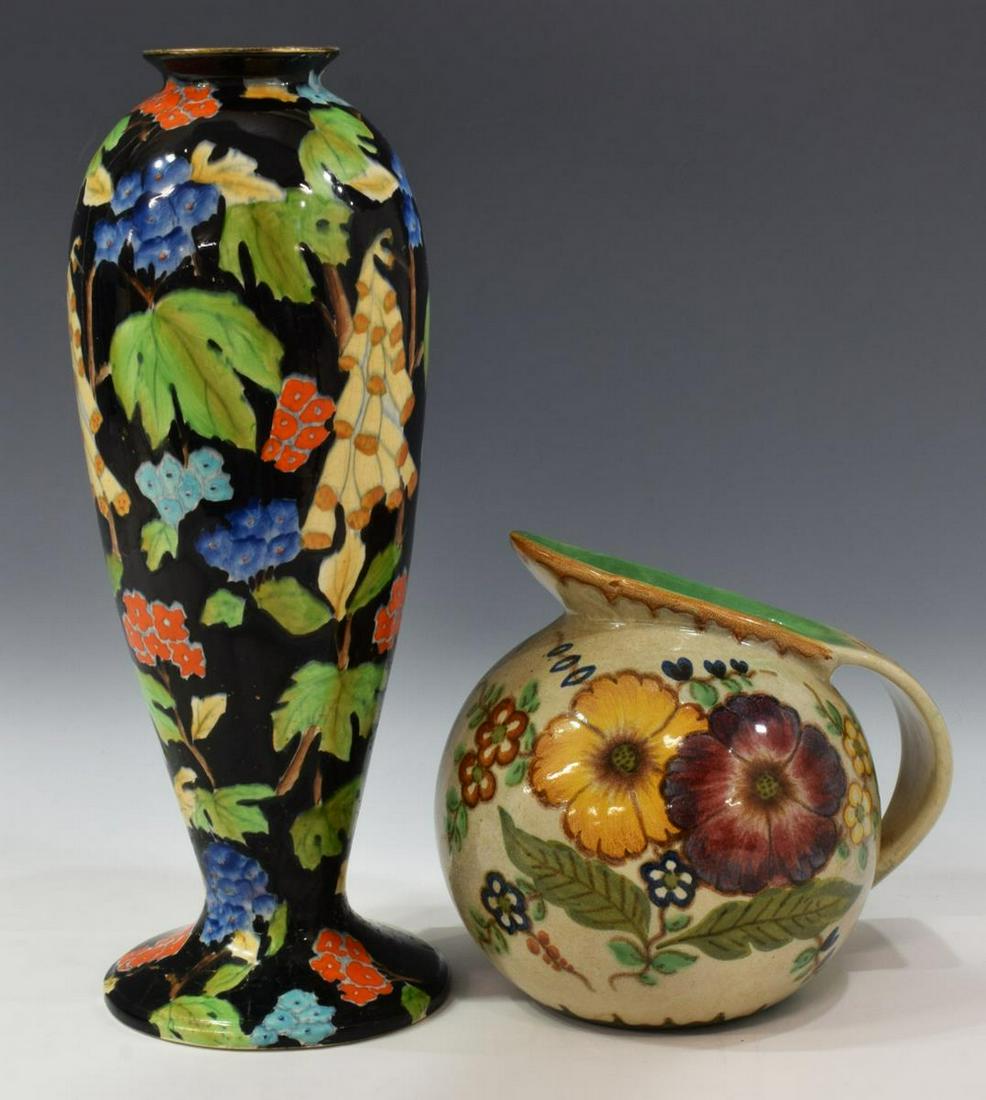 (2) HANCOCK & SONS 'FOREST' VASE & GOUDA PITCHER: (lot of 2) Vintage decorative ceramic items, including: (1) Art Deco Coronaware "Forest" vase, Hancock and Sons, with foliate and florals on black ground, marked underfoot, approx 14.75"h, 5.5"diam; (
