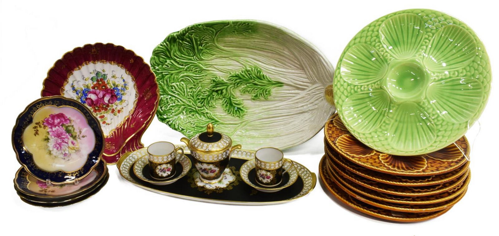 (19) CONTINENTAL CERAMIC TABLEWARE, SEVRES STYLE: (lot of 19) Collection of ceramic tableware, 20th c., highlights include: (6) French oyster plates, Longchamp, with scallop shell shaped wells, ground with embossed basket weave pattern, approx 9.5"di
