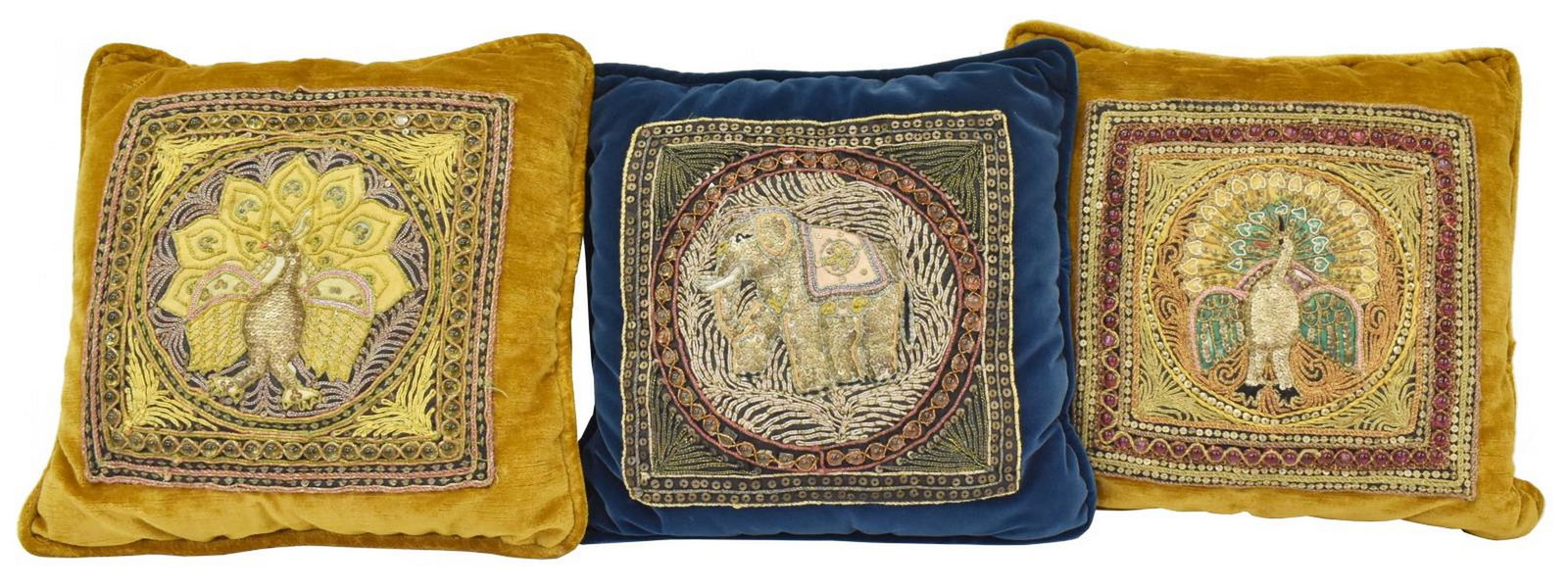(3) SEQUIN, BEAD & EMBROIDERY THROW PILLOWS: (lot of 3) Decorative throw pillows, each decorated with sequins, beads and embroidery, comprising: (1) peacock motif on gold velveteen upholstery, approx 15.5"h, 15"w; (1) peacock motif on gold velve