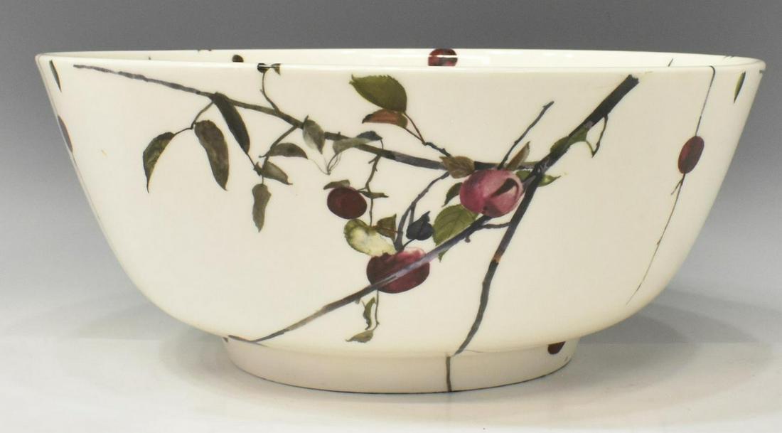 ROYAL DOULTON ANDREW WYETH APPLE BRANCH BOWL: English Royal Doulton bone china footed bowl, in the apple branch pattern designed by Andrew Wyeth (Pennsylvania, 1917-2009), c.1973, approx 5.5"h, 13"diam, 6lbs *Provenance: The family of Alfred A. K