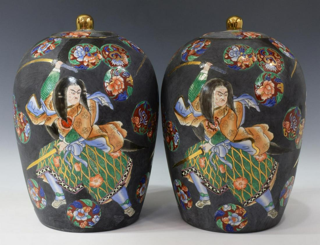 (2) ASIAN IMAN DESIGN KABUKI SAMURAI MELON JARS: (pair) Asian Iman design Kabuki Samurai lidded porcelain melon jars, each with corresponding lid, central design of Kabuki Samurai warrior with long flowing hair, traditional dress, brandishing gold p