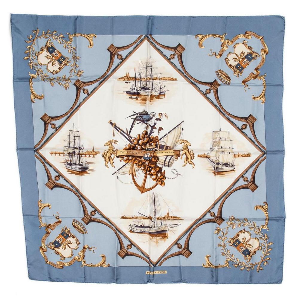 HERMES SILK TWILL SCARF, 'BORDEAUX PORTE-OCEANE' (1 of 2)