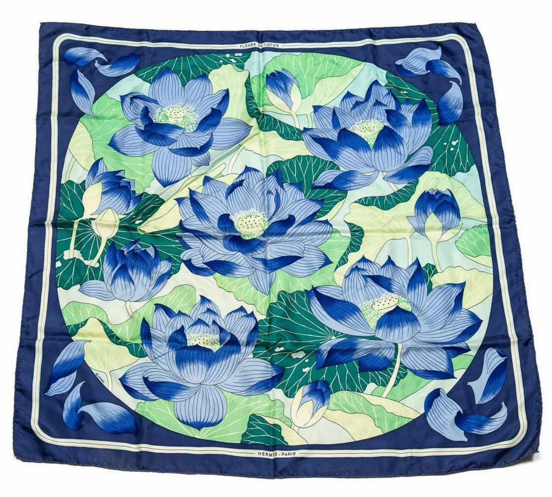 HERMES SILK TWILL SCARF, 'FLEURS DE LOTUS' (1 of 2)