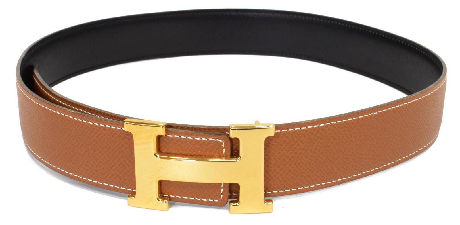 HERMES BLACK/BROWN LEATHER GOLD-TONE 'H' LOGO BELT (1 of 6)