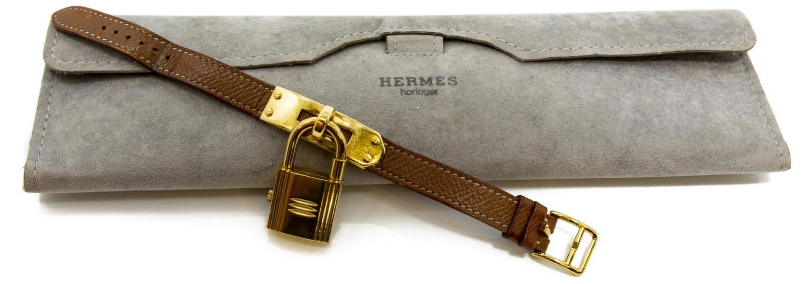 HERMES BROWN LEATHER & GILT 'KELLY' WRISTWATCH (1 of 4)