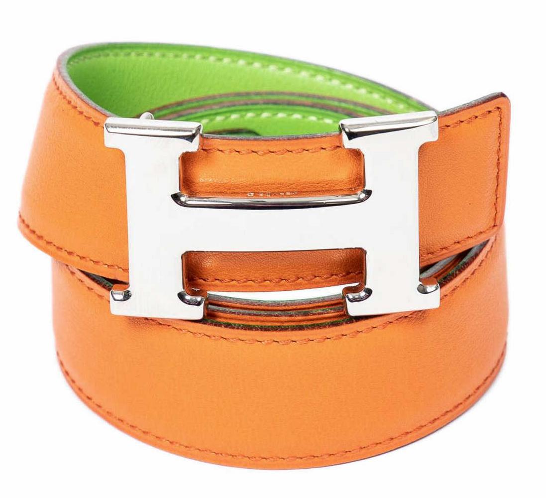 HERMES ORANGE/GREEN LEATHER 'H' LOGO BELT (1 of 3)