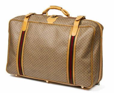 LARGE GUCCI RED & GREEN STRIPE LUGGAGE TOTE BAG: Gucci luggage tote, in beige micro-supreme coated canvas, gold-tone hardware, with light brown leather trim and green and red accents, having rolled leather handle, push-lock and buckle closures at