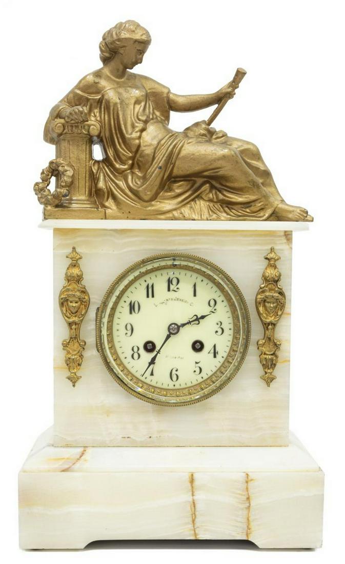 FRENCH ONYX MANTEL CLOCK, ST. LOUIS RETAILER (1 of 7)