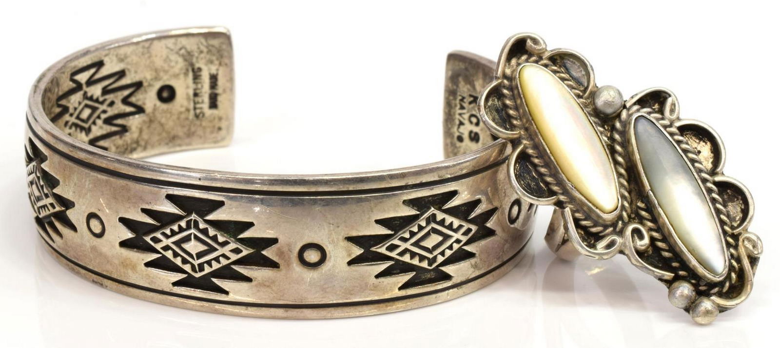 (2) NATIVE AMERICAN SILVER CUFF BRACELET & RING (1 of 6)