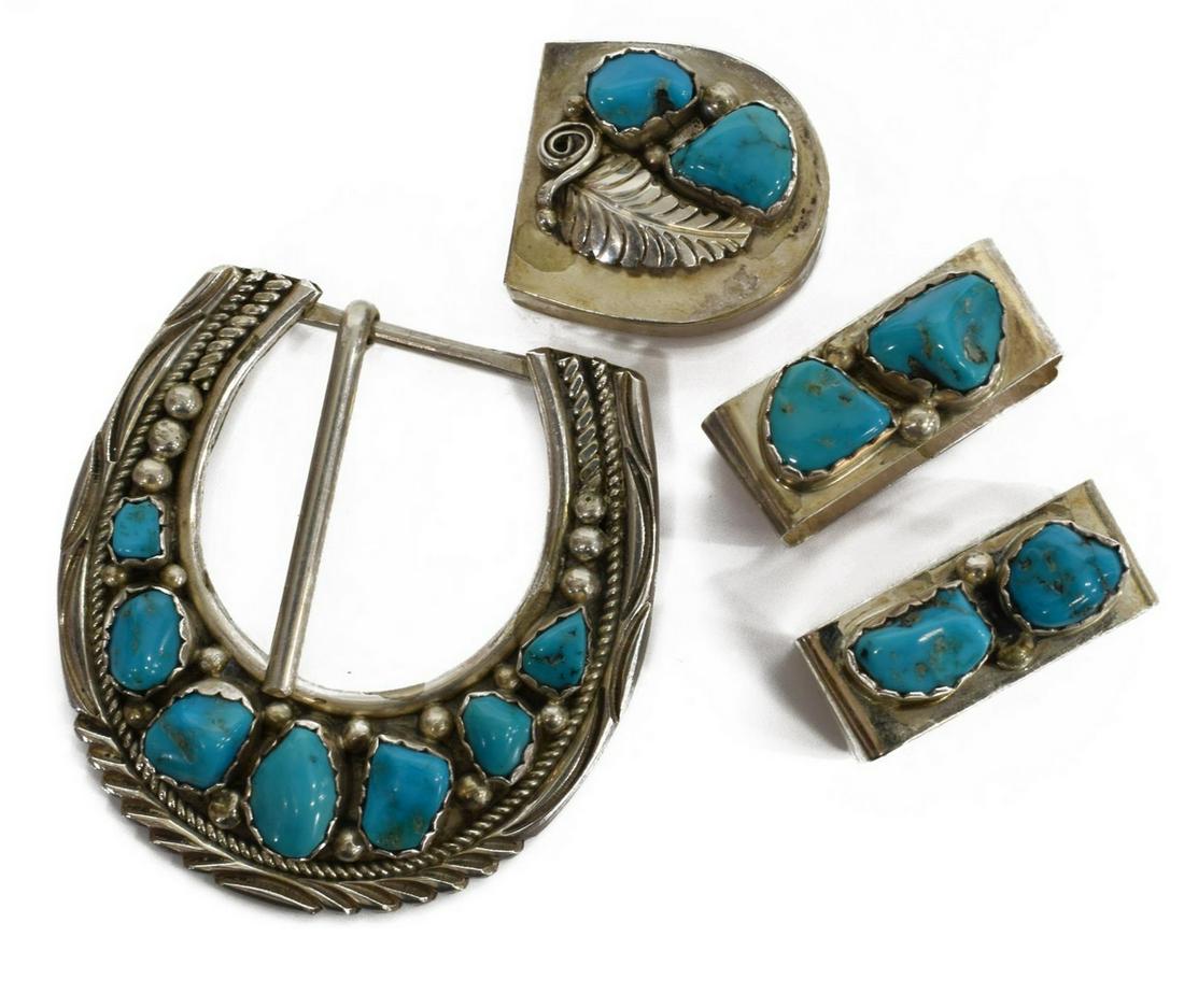 (4 PIECE) SOUTHWEST STYLE STERLING BELT BUCKLE SET (1 of 3)