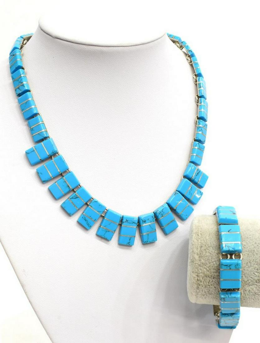 (2) MEXICO 950 SILVER TURQUOISE NECKLACE, BRACELET (1 of 5)