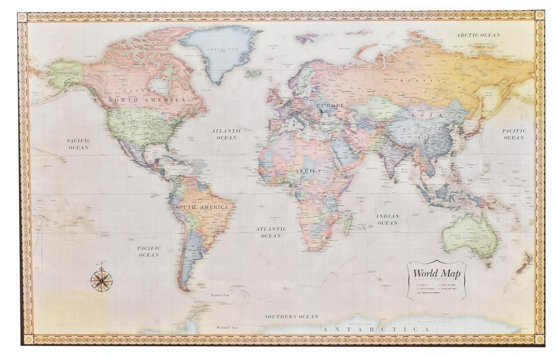 FRAMED MAGNETIC MAP OF THE WORLD: Framed printed map of the world, with magnetic backing, accompanied by magnetic pegs, sight: approx 30.25"h, 48.25"w, overall: approx 35.75"h, 53.5"w, 27lbs**Provenance: a fine San Antonio estate** St