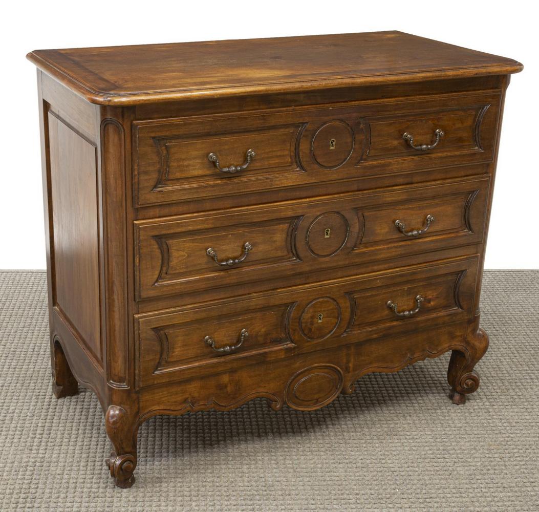 FRENCH LOUIS XV STYLE WALNUT THREE-DRAWER COMMODE (1 of 4)