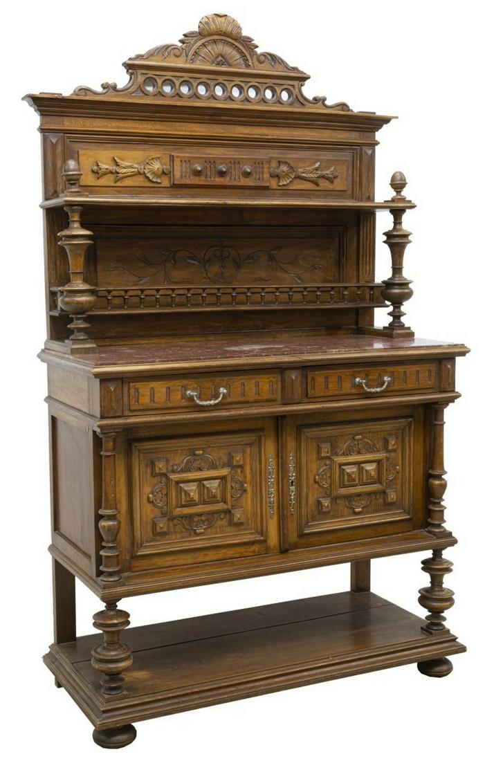 FRENCH HENRI II STYLE MARBLE-TOP WALNUT SIDEBOARD (1 of 5)