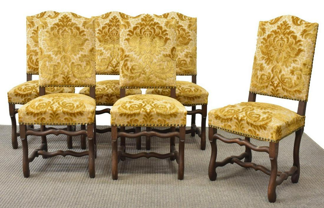 (6) FRENCH LOUIS XIV STYLE UPHOLSTERED CHAIRS: (lot of 6) French Louis XIV style upholstered chairs, late 19th c., each having damask upholstered high back and seat, rising on stretcher-joined volute supports, approx 41"h, 20.5"w, 18"d Start Price