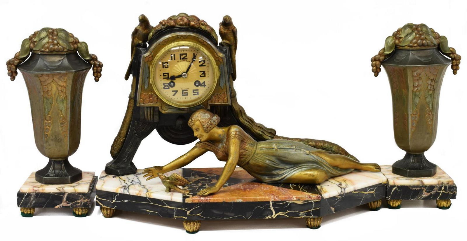 (3) FRENCH ART DECO FIGURAL MANTEL CLOCK SET (1 of 5)