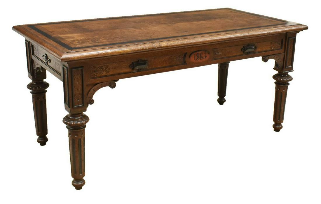 CONTINENTAL OAK WORK WRITING TABLE, DATED 1864 (1 of 4)