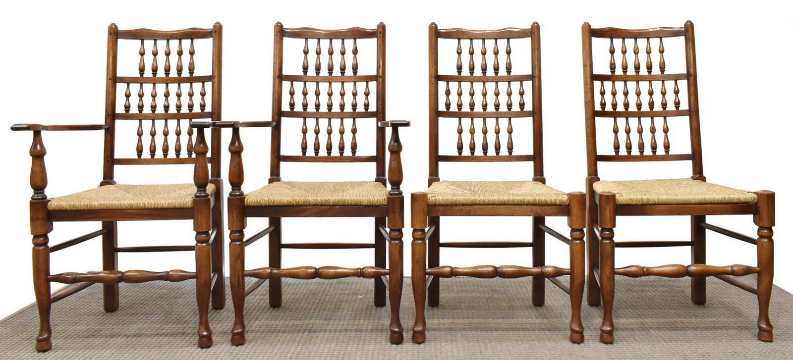 (4) ENGLISH OAK SPINDLE BACK RUSH SEAT CHAIRS (1 of 2)