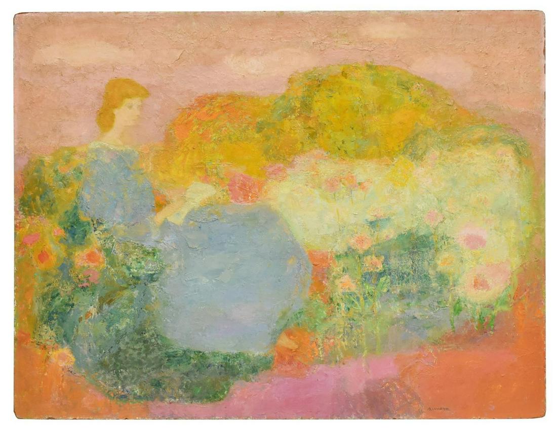 MABEL ALVAREZ (D.1985) PORTRAIT OF A SEATED WOMAN: Unframed oil painting on Masonite, "Girl in Garden", signed lower right: Alvarez (Mabel Alvarez, United States, 1891-1985), Kramer Originals Gallery, Los Angeles tag on the reverse, wear to the corner