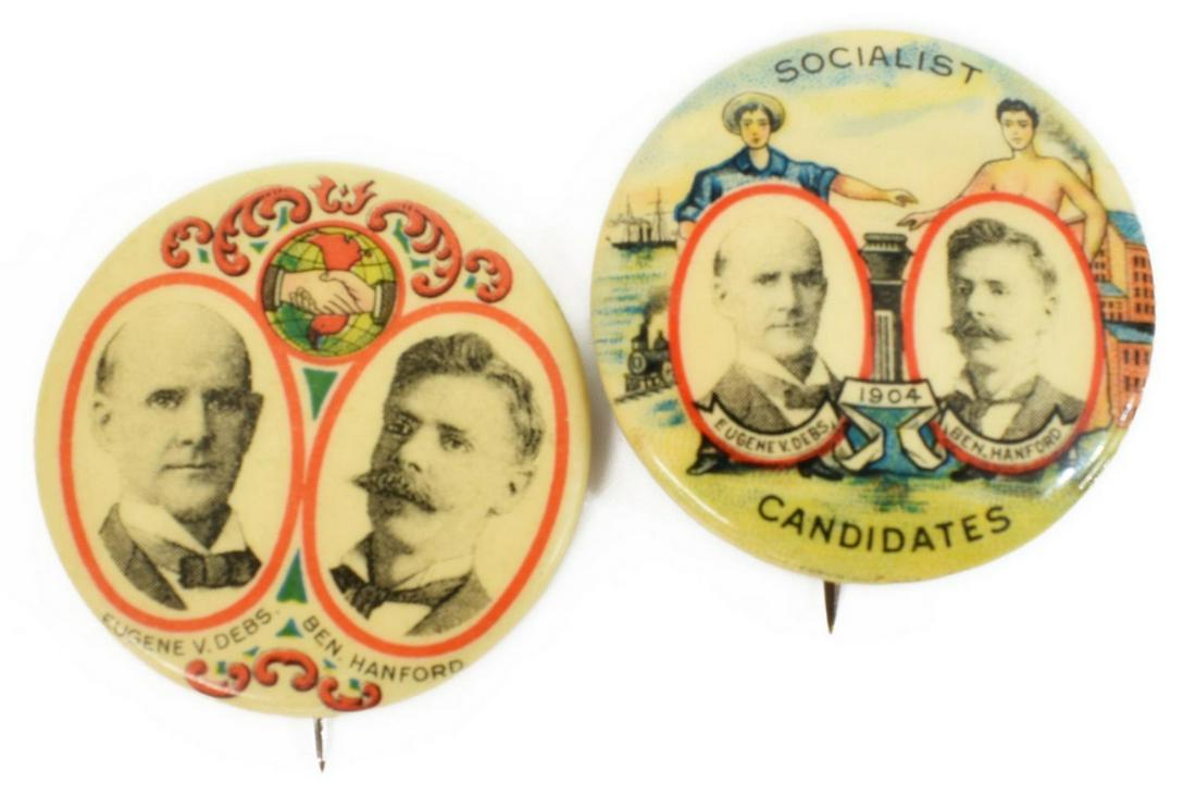 (2) DEBS & HANFORD SOCIALIST PARTY JUGATES, 1904: (lot of 2) Debs and Hanford jugates: (1) "Socialist Candidates, 1904, Eugne V. Debs, Ben. Hanford", with two workers in background, 1,25" diameter; (1) Debs and Hanford pictured below Socialist party 