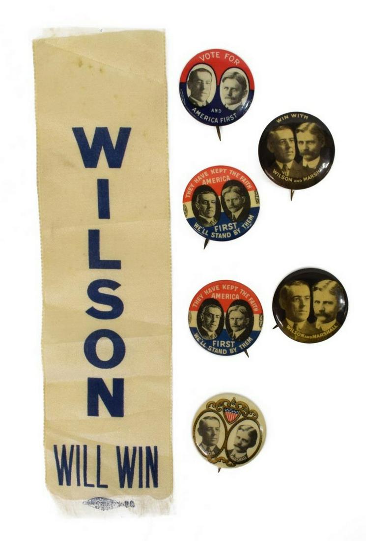 (6) WILSON & MARSHALL JUGATES & RIBBON: (lot of 7) Wilson Marshall jugates: (1) both images under federal shield, Whitehead and Hoag,.7/8"diam; (1) "Vote for American First", Bastian Bros., .75"diam; (1) "Win with Wilson and Marshall", Whit