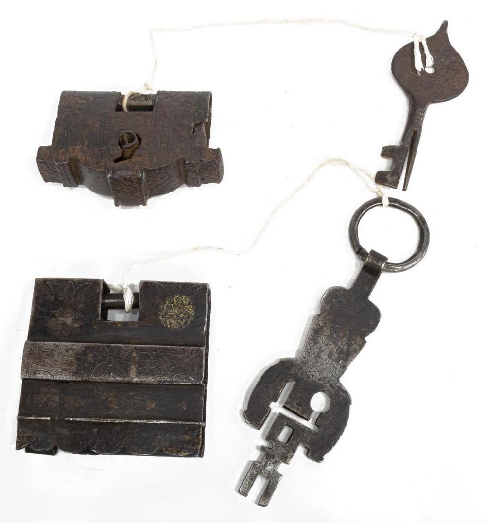 (2) ANTIQUE HAND FORGED IRON LOCKS, ELABORAGE KEYS (1 of 2)