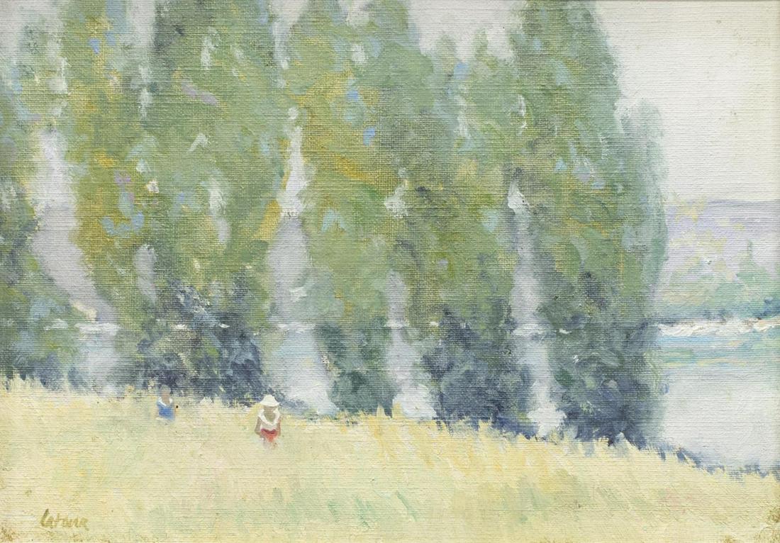 LATOUR IMPRESSIONISTIC PAINTING, CHILDREN IN FIELD: Framed Impressionist style oil painting on canvas, children in field with tall trees and water background, signed lower left Latour, 'Country Store' Austin, Texas gallery tag remaining on the verso, s