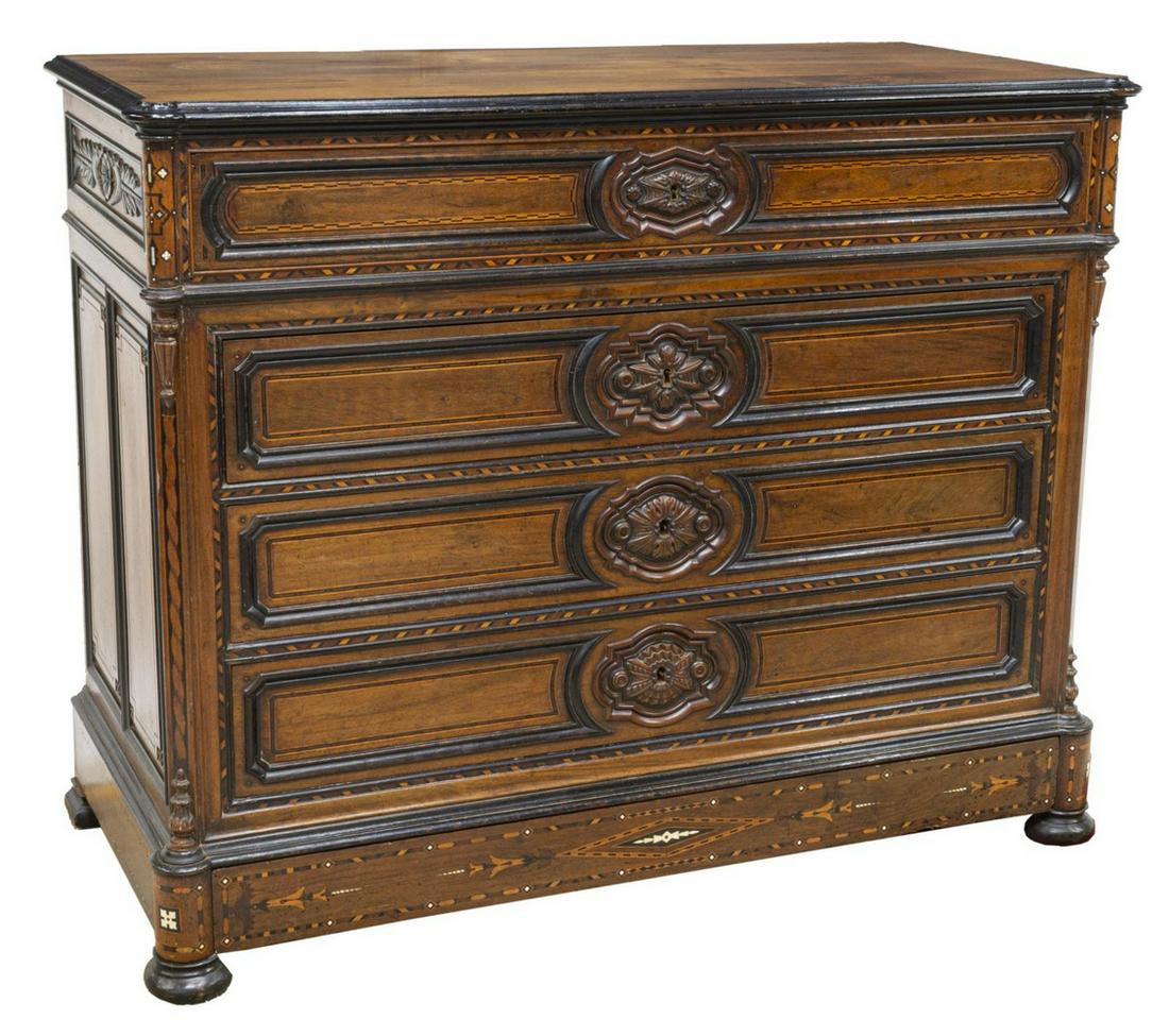 FRENCH NAPOLEON III INLAID WALNUT COMMODE: French Napoleon III walnut five-drawer commode, mid to late 19th c., inlaid with contrasting wood, the columnar corners accented with mother of pearl and bone decoration, the upper drawer with a centr