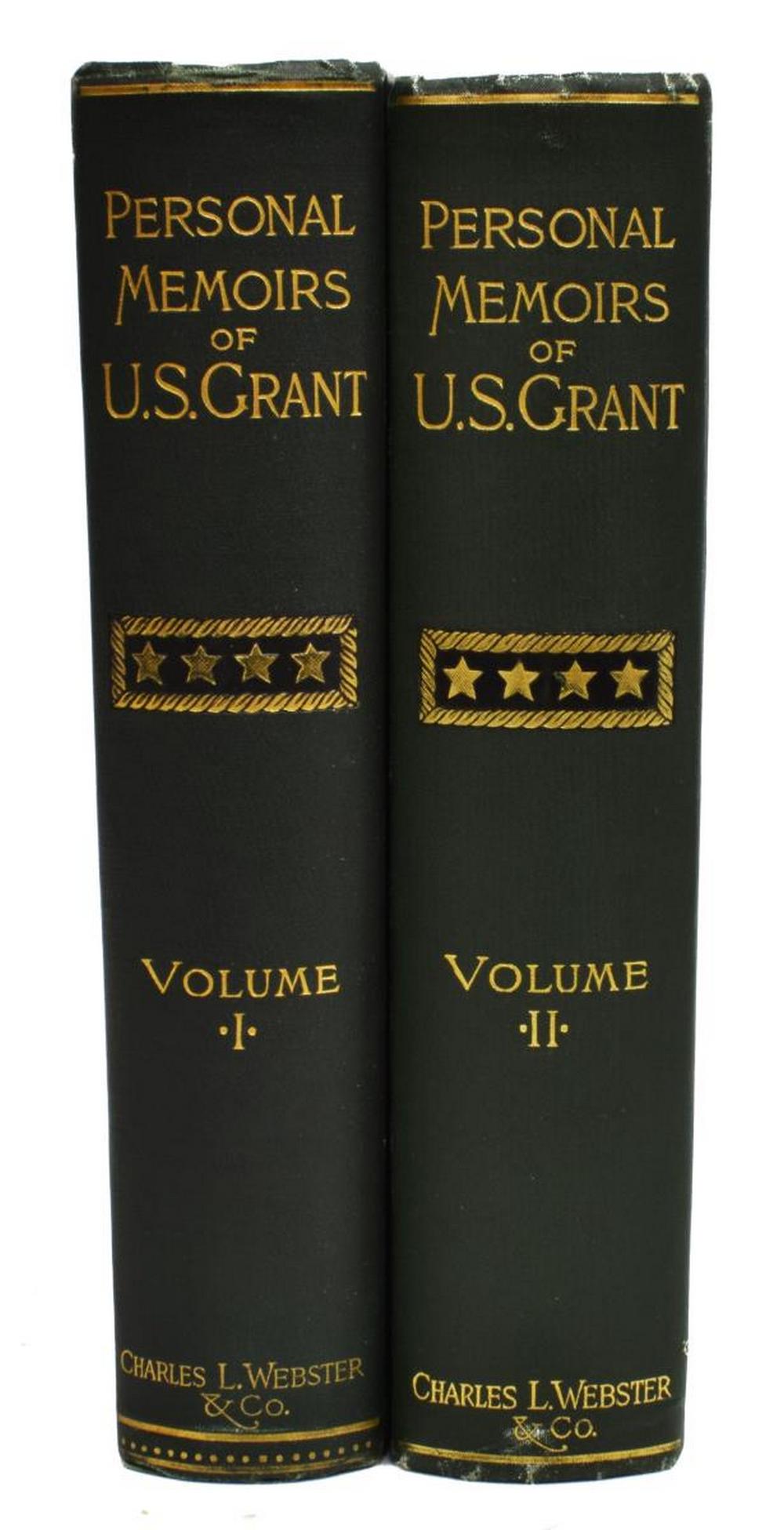 (2) VOLUMES "PERSONAL MEMOIRS OF U.S. GRANT," 1885: (2 vols) "Personal Memoirs of U.S. Grant," Charles L. Webster & Company, New York, 1885, frontispiece with a depictions of Grant as an infantry officer and a Lt. General, numerous maps, facsimiles of 