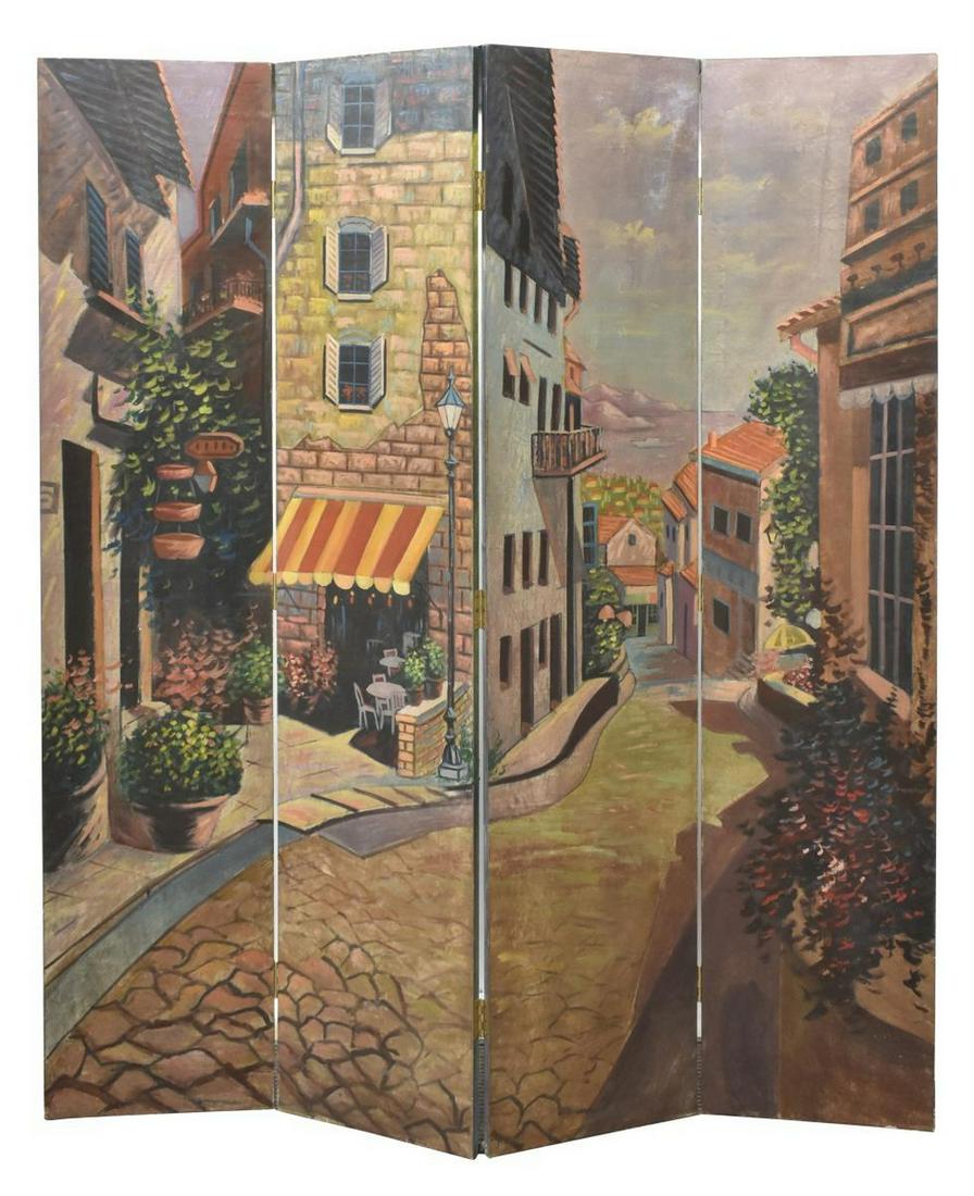 PAINTED CANVAS ON WOOD FOUR-PANEL FOLDING SCREEN (1 of 3)