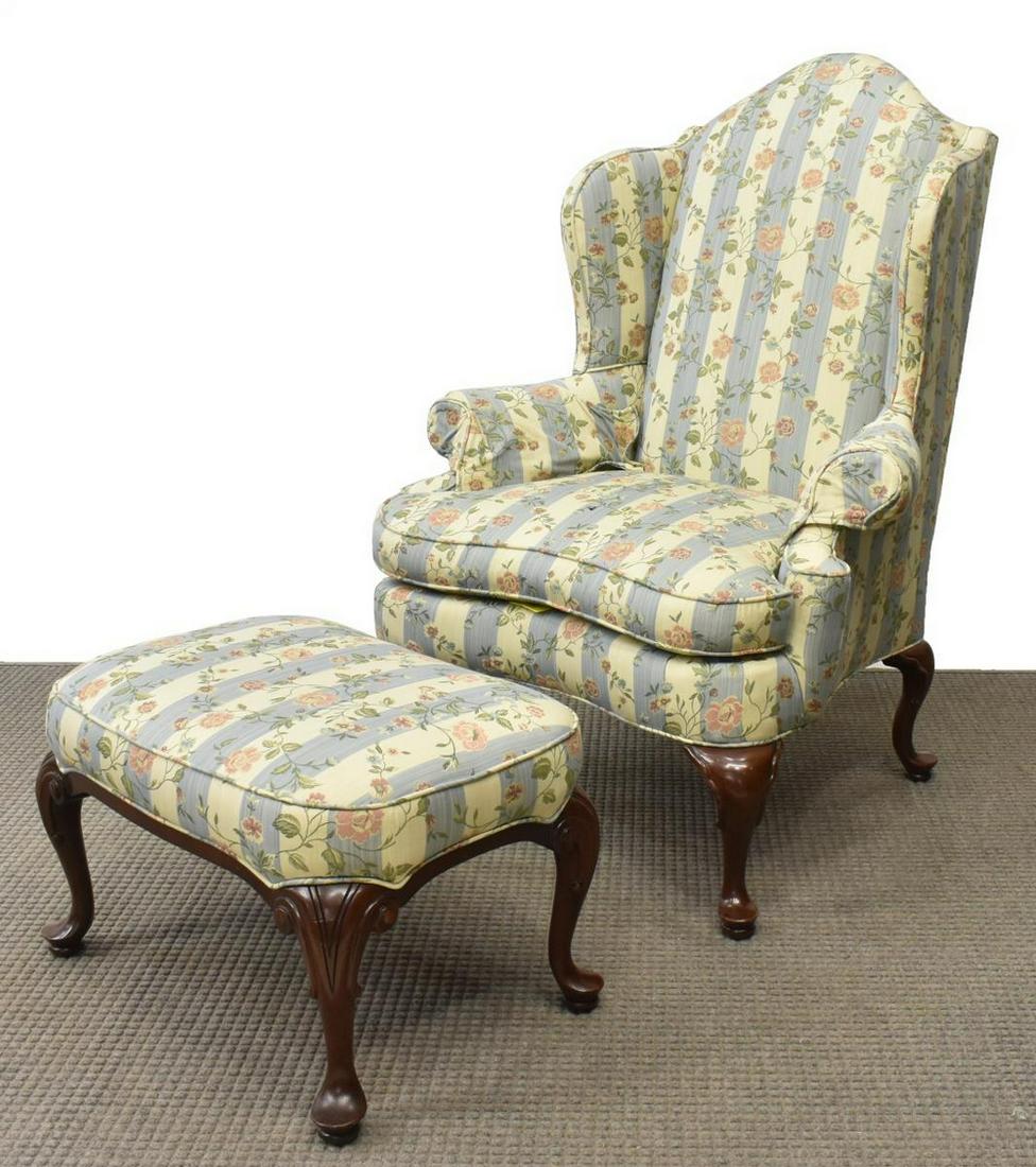 (2) QUEEN ANNE STYLE WINGBACK ARMCHAIR & STOOL (1 of 3)