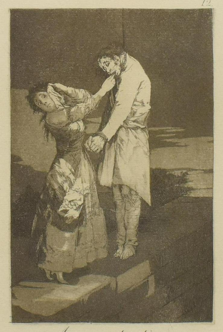 AFTER FRANCISCO GOYA OUT HUNTING FOR TEETH ETCHING: Framed etching on paper, "A caza de dientes" (Out Hunting for Teeth), from the series "Los Caprichos" (The Follies), after Francisco Jose de Goya y Lucientes (Spain, 1746-1828), approx sight: 7.25"h, 