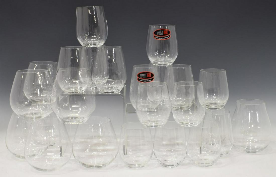 (24) RIEDEL 'O' COLORLESS STEMLESS WINE GLASSES: (lot of 24) Riedel "O" colorless stemless wine glasses, including: (8) Riesling/ Zinfandel, approx 4.25"h, (8) Viognier/ Chardonnay, approx 3 7/8"h, (8) Pinot Noir, approx 4.5"h; 6lbs total Start Pric