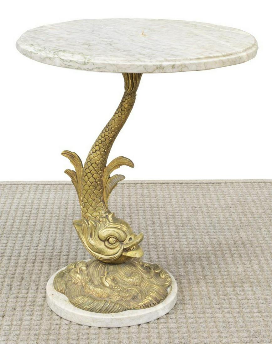 MARBLE-TOP BRONZE DOLPHIN SIDE TABLE (1 of 2)