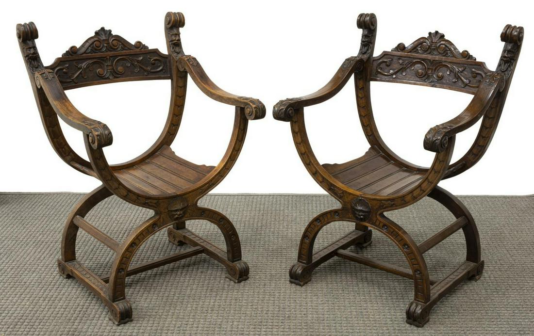 (2) ITALIAN CARVED WALNUT CURULE CHAIRS, 19TH C. (1 of 2)