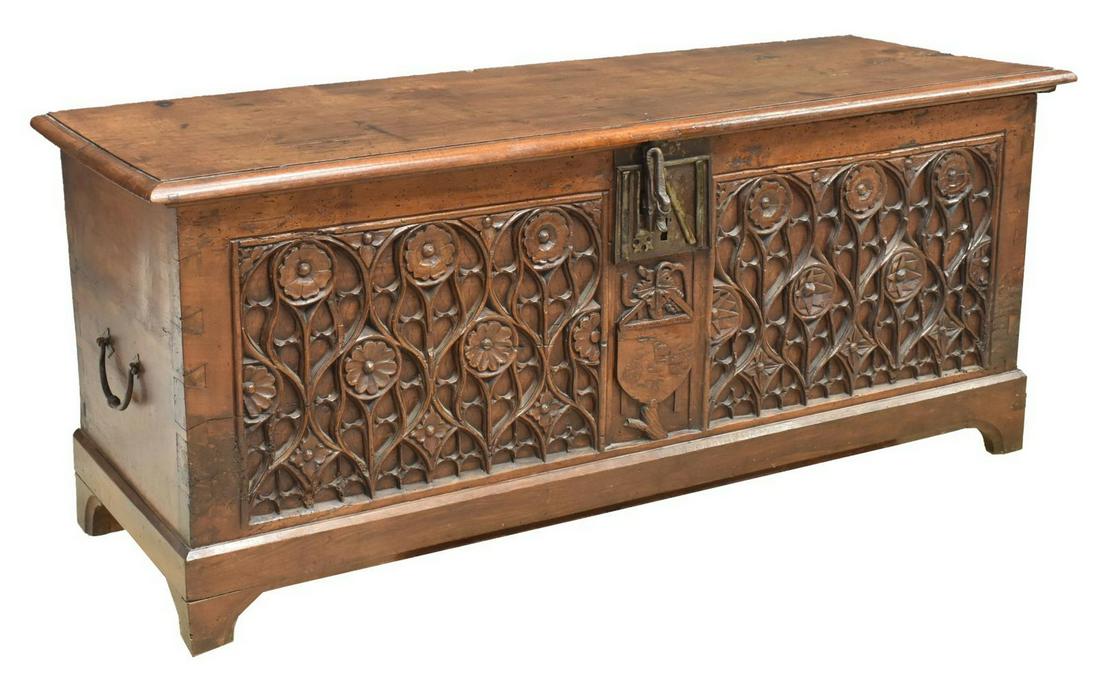 FRENCH GOTHIC REVIVAL CARVED WALNUT CHEST TRUNK (1 of 4)
