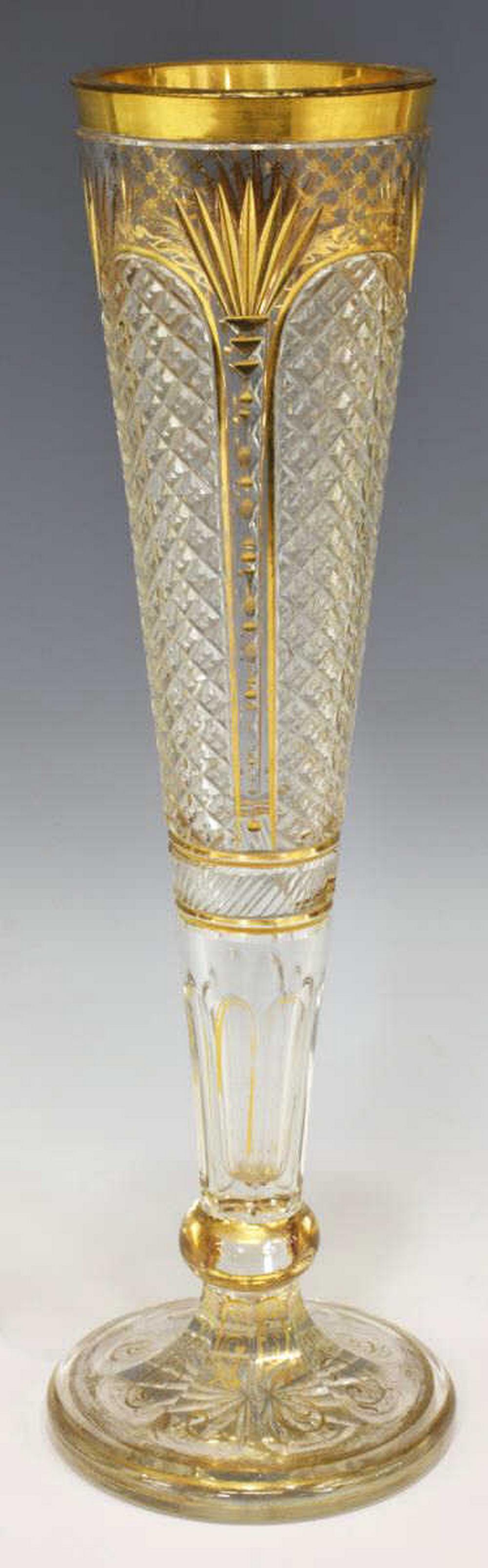 MOSER STYLE PARCEL GILT CUT GLASS TRUMPET VASE (1 of 2)
