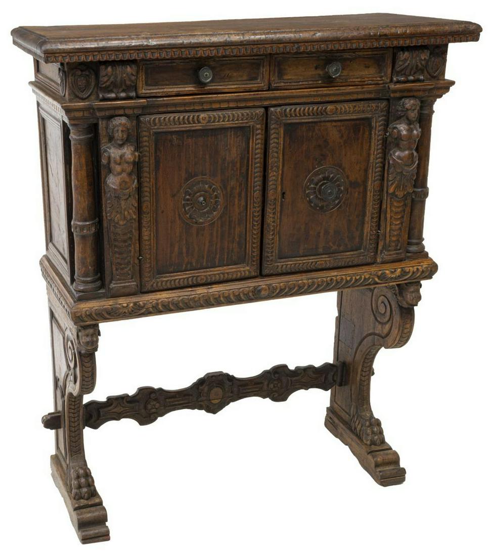 ITALIAN CARVED WALNUT CABINET ON STAND (1 of 4)