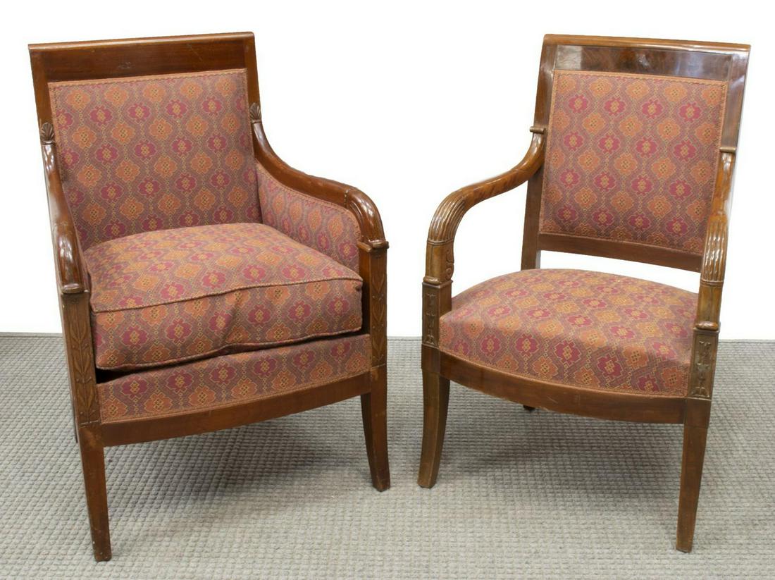 (2) FRENCH EMPIRE STYLE MAHOGANY SEATING GROUP: (lot of 2) French Empire style mahogany seating group, 19th c., in matched upholstery with floral carved pendants, including: (1) bergere, with loose cushion, approx 35"h, 23.5w, 19.5"d, (1) fauteuil,