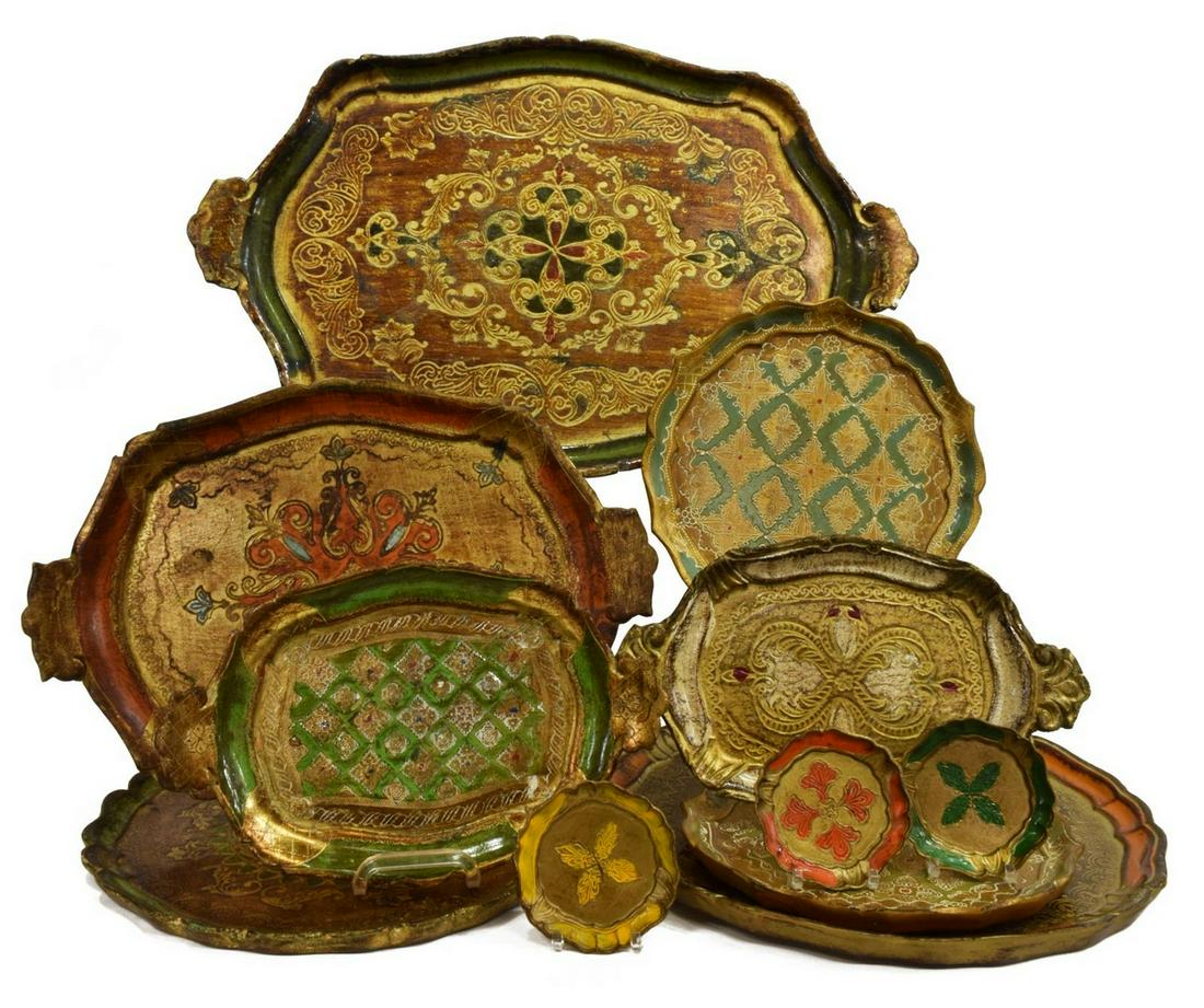 (11) ITALIAN FLORENTINE PARCEL GILT PAINTED TRAYS (1 of 4)
