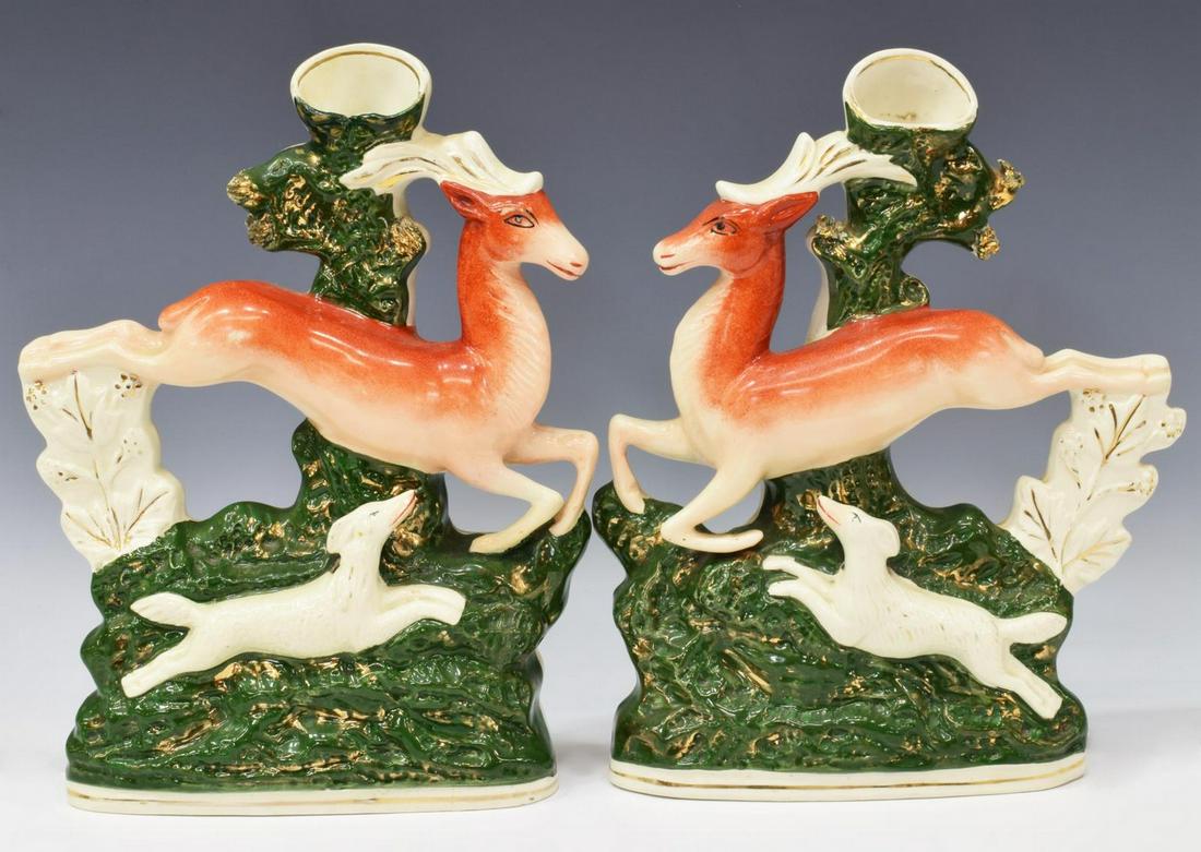 (2) ENGLISH STAFFORDSHIRE STAG & DOG SPILL VASES (1 of 2)