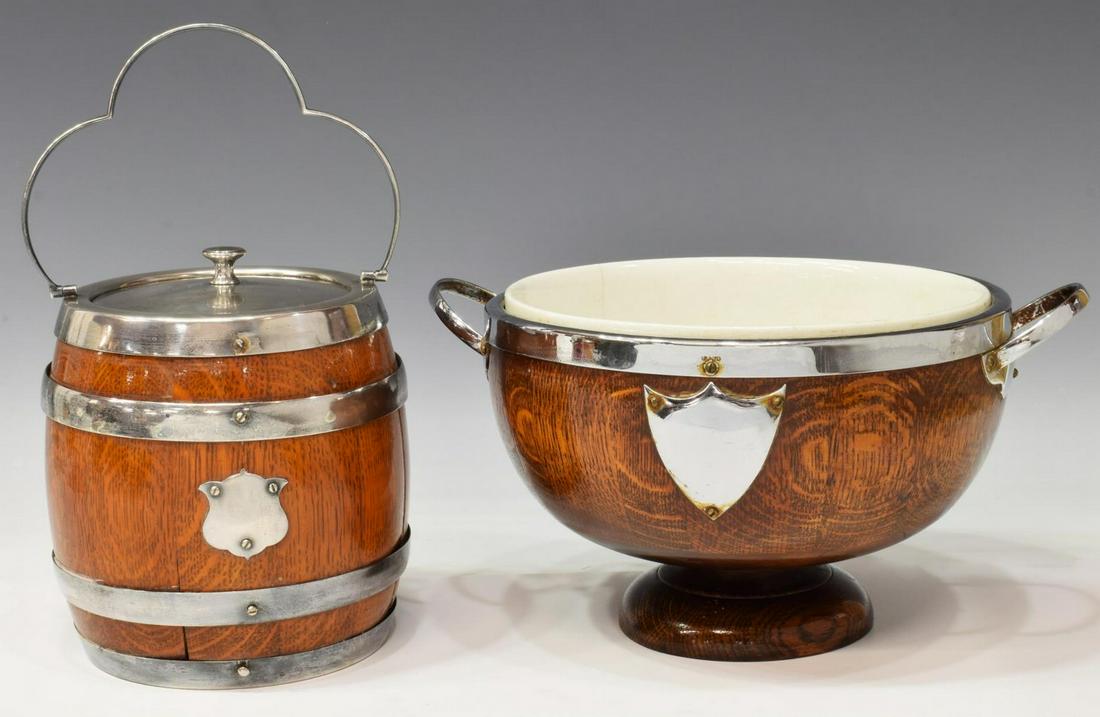 (2) ENGLISH OAK & SILVER PLATE BARREL & BOWL (1 of 3)