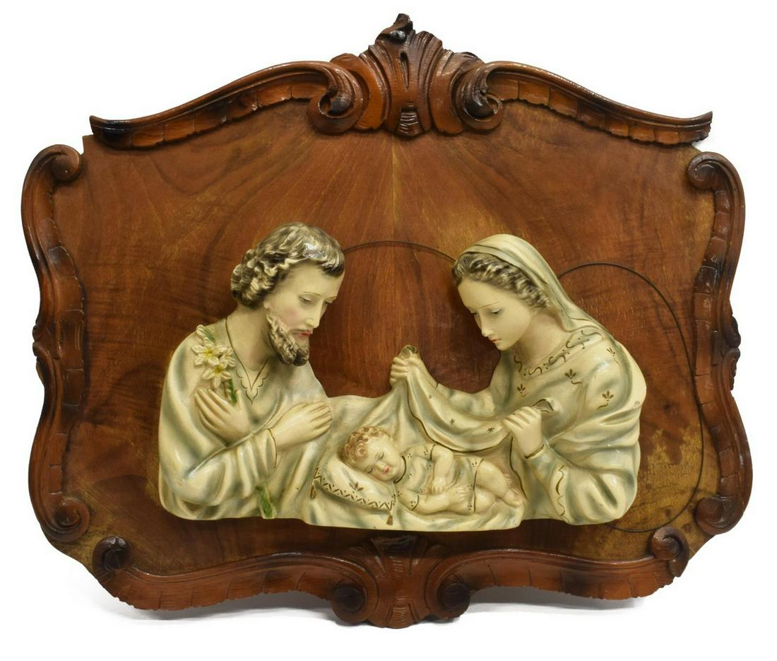 ITALIAN CHALKWARE RELIEF HOLY FAMILY ON WOOD PANEL (1 of 2)