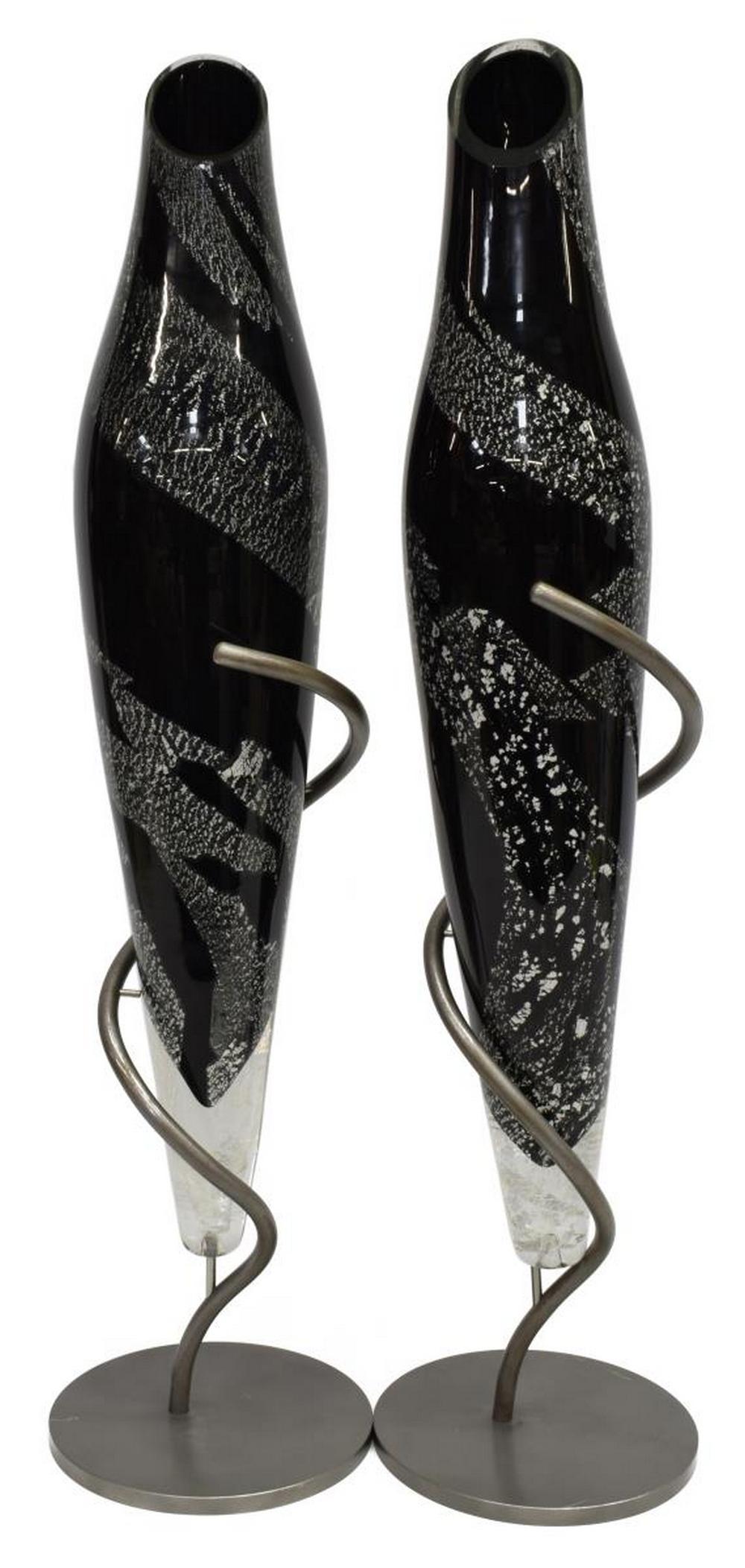 (2) GAPPA & HAYES SCULPTURAL ART GLASS VASES: (lot of 2) Sculptural art glass vases on stands, signed Gappa (David Gappa, Texas, 20th/ 21st c.), Hayes (Gary Hayes, Texas, 20th/ 21st c.), dated 2005, Vetro Glassblowing Studio and Gallery, tapered 