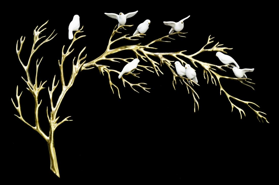 MODERN BRIAN BIJAN BIRDS ON BRANCH WALL SCULPTURE: Modern wall sculpture, gilt metal branch, with white ceramic birds, signed Bijan (Brian Bijan, United States, 20th c.), dated 1980, approx 25"h, 30"l Start Price: $80.00