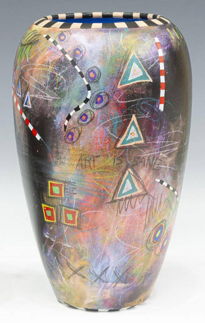 SANDRA BLAIR (AMERICAN, 20TH C.) ART POTTERY VASE: Contemporary art pottery vase, pen signed S. Blair (Sandra Blair, American/ New Orleans, 20th c.) decorated with varied lustres, pencil, painted and other motifs throughout, on tapered foot, incised S