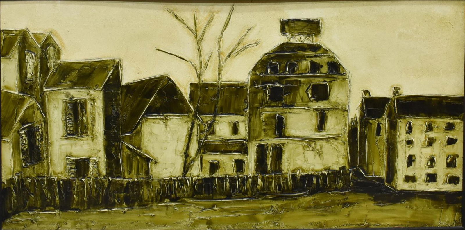 WILSON HENRY IMPASTO PAINTING ON BOARD BIRCH TREES: Framed oil on board painting, "Birch Trees," signed lower right Henry (?), Vincent Price Collection label verso attributing to Wilson Henry (Canada, 20th c.), sight: 23.5"h, 47.5"l, overall: 25.5"h, 4