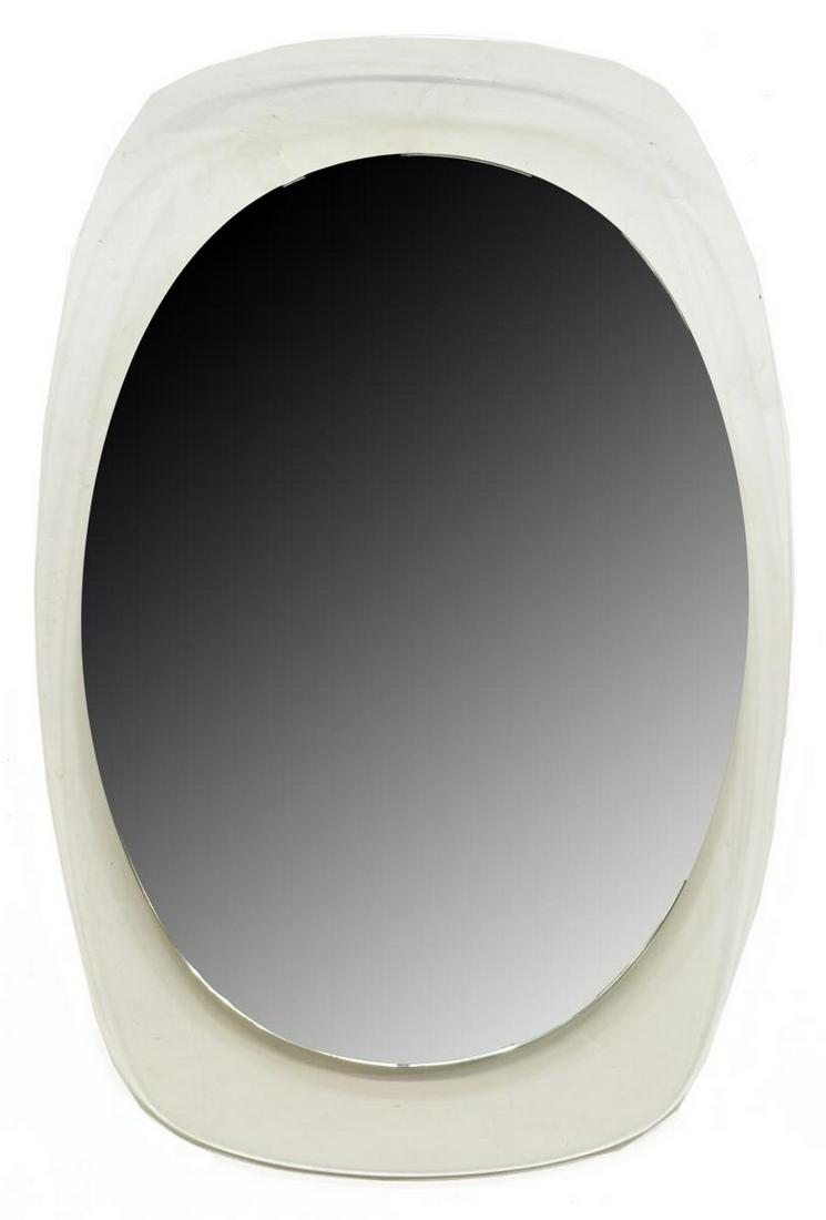 ITALIAN MODERN SENA CRISTAL WALL MIRROR: Italian modern mirror, Sena Cristal Collaudo, c.1970s, colorless glass frame, centering an oval flat mirror plate, approx 31.75"h, 21"w, 19lbs Start Price: $100.00