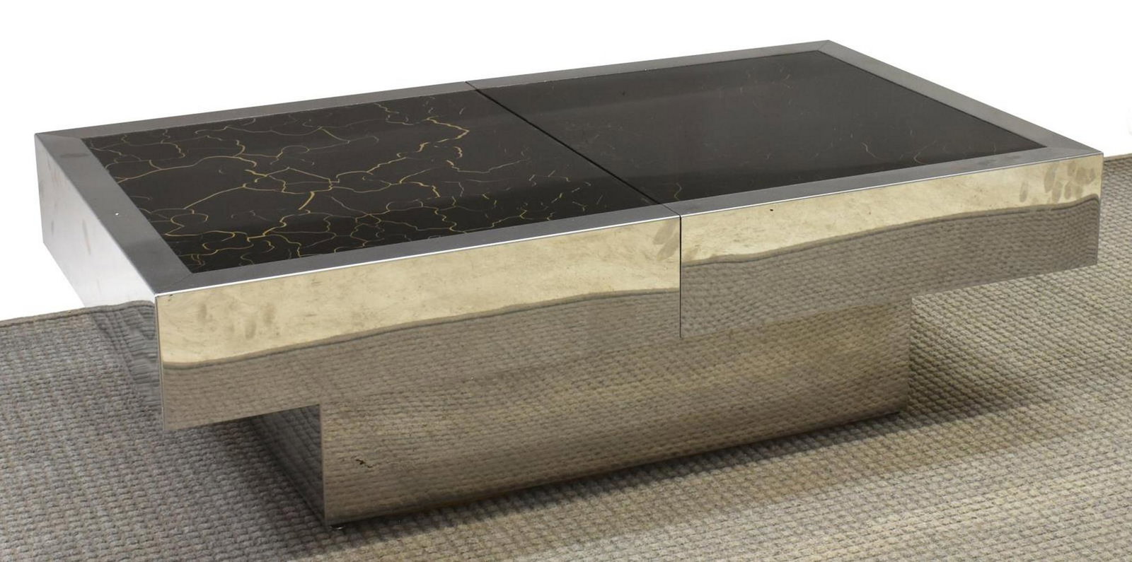 ITALIAN MODERN MAISON ROMEO SLIDE COFFEE TABLE: Italian modern coffee table, designed by Jean-Claude Mahey and Eric Maville for Maison Romeo, c.1970s, with polished steel frame, the top with gold veined glass, opens at each end to polished steel st